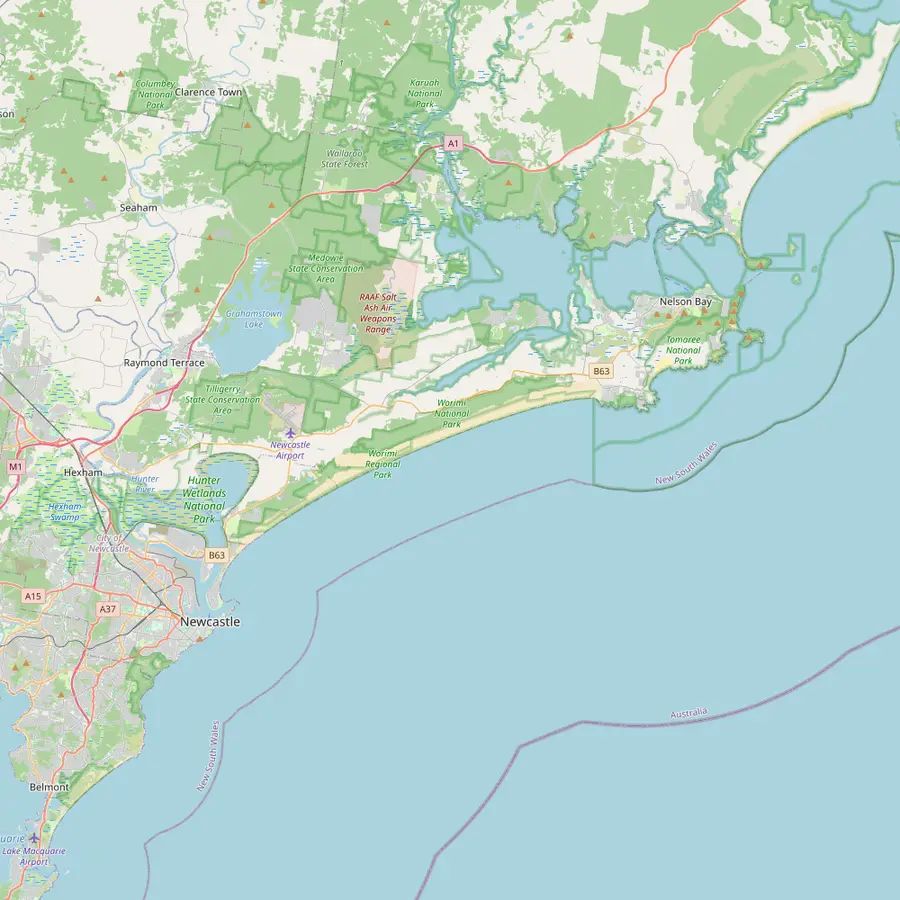 Map of the coast from Nelson Bay past the koala sanctuary at One Mile, Anna Bay and Birubi Point, along Stockton Bight to Newcastle Airport and Stockton
