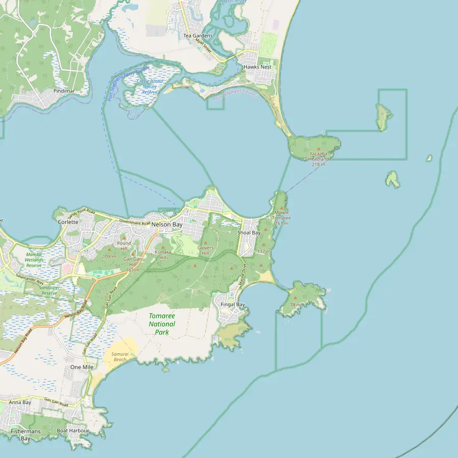 Map of Nelson Bay with d'Albora Marina, Shoal Bay, Tomaree Head and Zenith Beach on the south side of the entrance, Yacaaba Head on the north side, and Fingal Bay