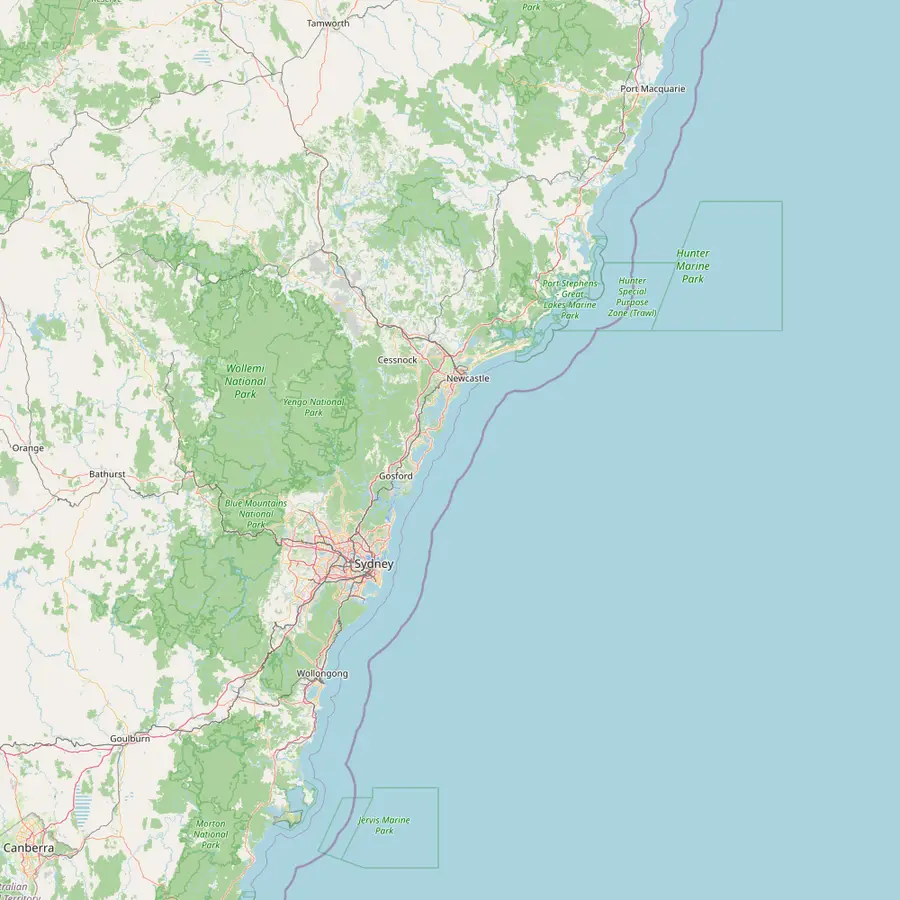 Map of the New South Wales coast from Sydney north past Newcastle and its airport to Nelson Bay on Port Stephens